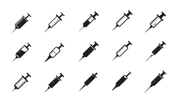 Medical syringe icon set showing various vaccination equipment tools in simple flat design.