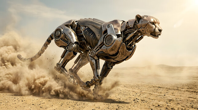 Futuristic robotic cheetah running fast across the desert landscape under the sun.