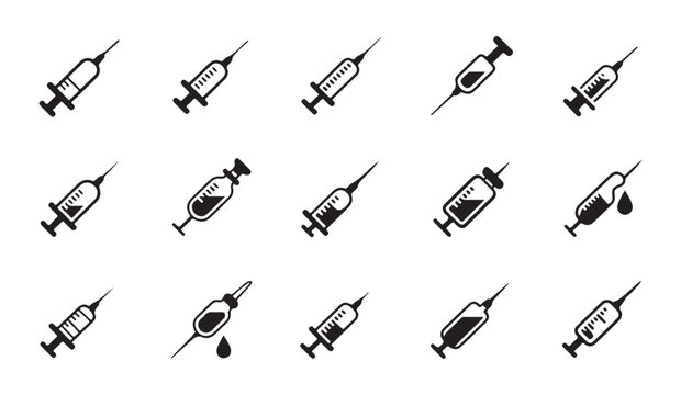 Collection of syringes and needles for medical injections and vaccines.