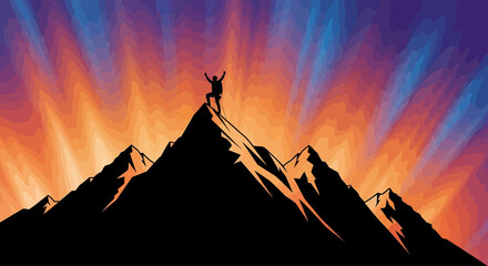 Man standing on mountain peak triumphantly. © Kelik