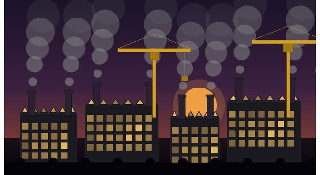 Industrial factory skyline with cranes and smoke at animation