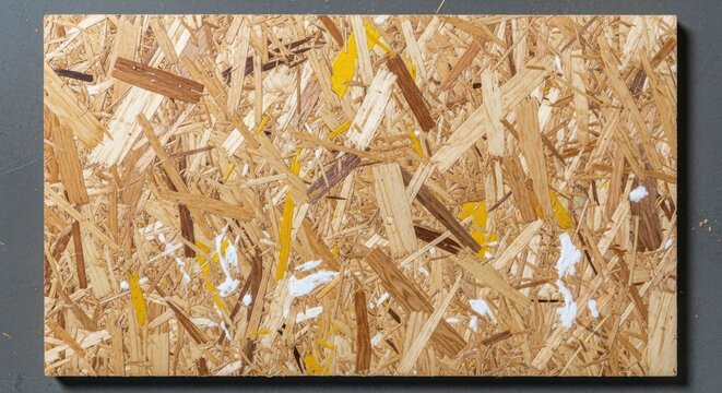 Close-up view of unfinished particle board with visible wood chips and natural textures