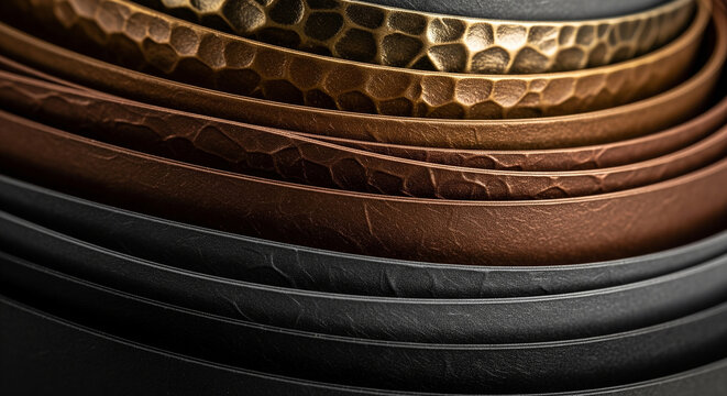 Abstract composition of elegant metallic rings in gold copper and dark tones, perfect for luxurious and modern industrial design concepts
