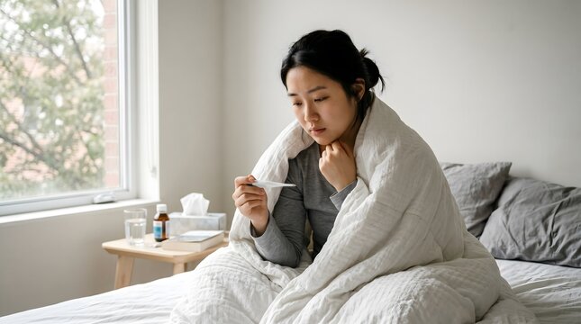 Woman feeling unwell, wrapped in a blanket and checking her temperature with a thermometer