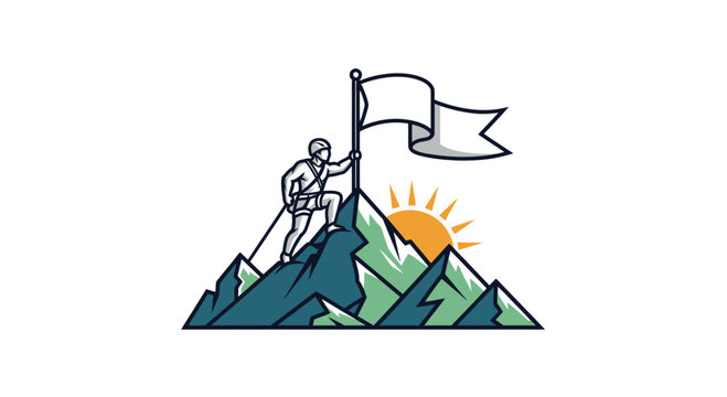 Man Holding Blank Flag on Mountain.