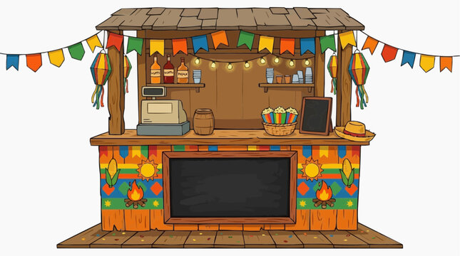 Festive Market Stall: A colorful and inviting market stall adorned with festive flags and lights, ready to serve eager customers with drinks and snacks.