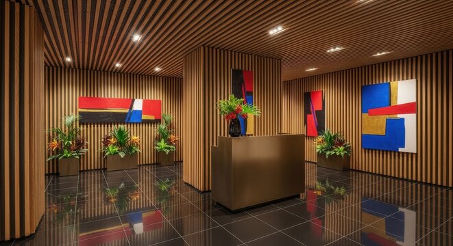 Modern wood slat interior design featuring a sleek reception desk and vibrant abstract art in a sophisticated office lobby