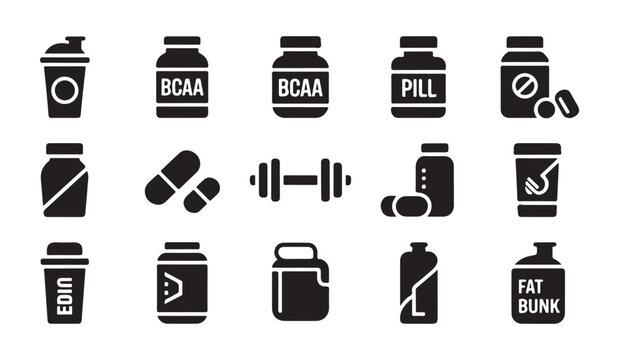 Nutrition supplement black silhouette icon set. sport drink, protein powder, bcaa, gainer, creatine.