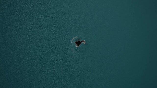 Closeup hand inspecting small hole in teal apartment drywall after moving delicate fingers probe chipped paint and torn drywall paper interior scene shows textured paint, damage near nail point, mood