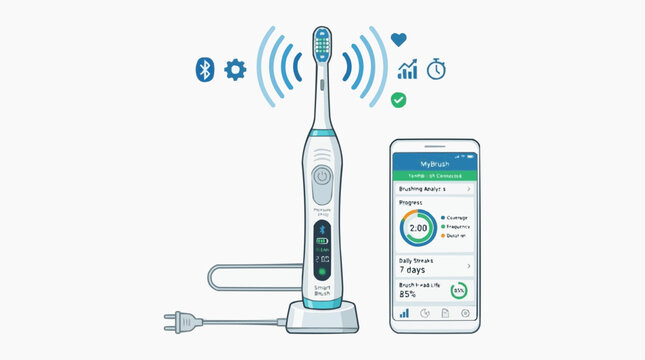 Smart Toothbrush with App Interface: A modern electric toothbrush connected wirelessly to a smartphone app displays real-time brushing data, including duration, coverage, and health metrics.