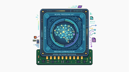 Fototapeta premium Neural Network Processor Icon: An abstract representation of a neural network processor, showcasing a glowing brain icon within a technological interface.