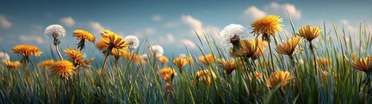 Nature's canvas: capturing the essence of meadow tranquility. Poster design. A peaceful meadow of yellow dandelions and fresh green grass. Blockbuster poster. Movie artwork.