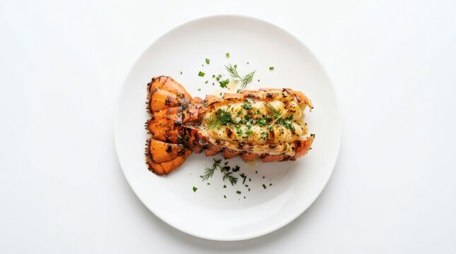 Lobster Tail Plate Top View Grilled Lobster Tail With Herb Garnish On White Round Plate Pure White Seamless Background Luxury Seafood Presentation Premium Restaurant Food Photography
