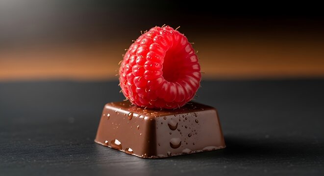 Fresh raspberry on a piece of chocolate with water droplets