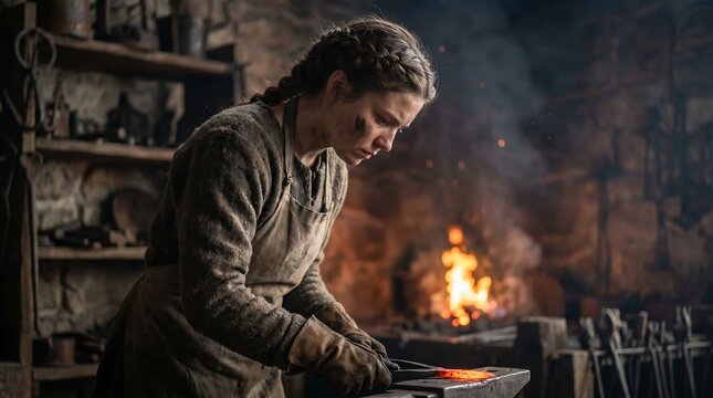Young female blacksmith with braided hair wearing apron and gloves working on glowing red hot metal at anvil in dark rustic forge with fire in the background