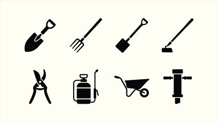 Obraz premium Black solid flat gardening and landscaping tool silhouette vector icon set