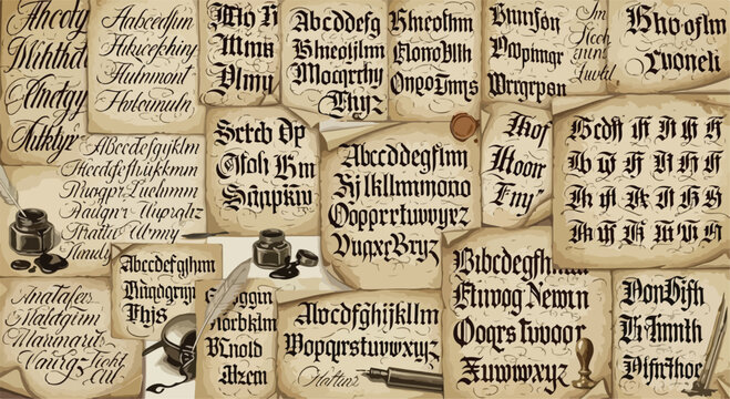 Vintage gothic calligraphy on aged parchment paper, antique medieval script alphabet collection, retro ink and quill writing vector