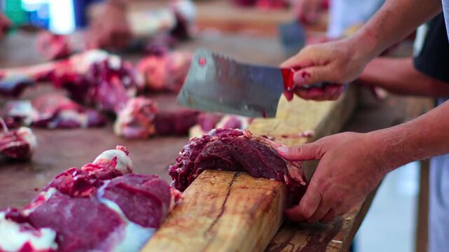 Hands cut raw meat on a wooden block. Fresh meat pieces lie around workspace.