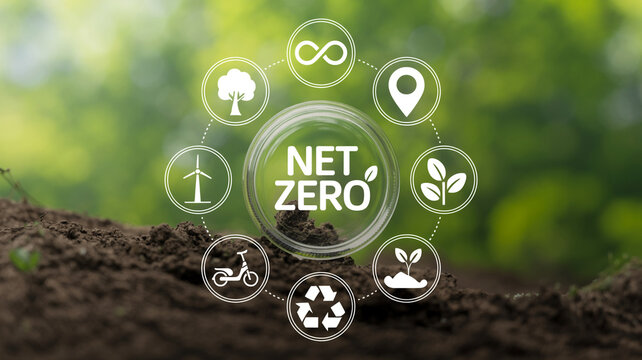 A net zero concept illustration shows eco-friendly symbols on a natural earth background