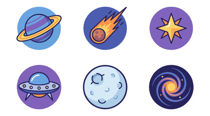 Vibrant vector illustration set featuring colorful space icons such as planets stars comets ufos and galaxies for creative design projects © Ibnu Gazali