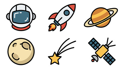 Colorful vector graphic illustration set featuring space elements including an astronaut helmet rocket ship planet moon star and satellite icons © Ibnu Gazali