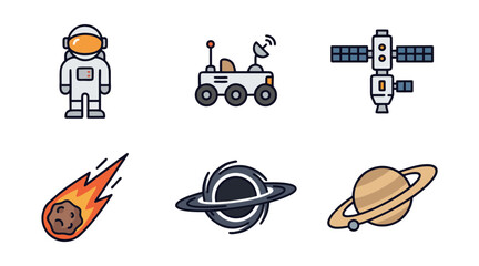 Set of flat color vector icons depicting various space exploration elements including astronauts rovers satellites black holes and planets © Ibnu Gazali