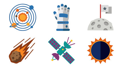 Set of six colorful space themed vector graphic icons featuring planets satellites an astronaut glove and a lunar landing flag © Ibnu Gazali
