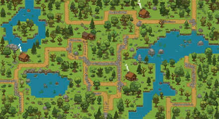 Fototapeta premium Pixel art forest map with wooden cabins and winding paths, retro 8-bit game world landscape, green woodland environment with blue lakes