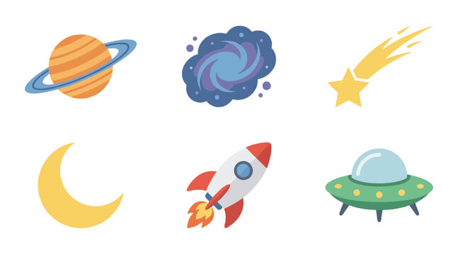 Colorful flat vector illustration set featuring cute cosmic elements including a planet a rocket and a glowing shooting star