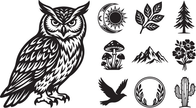 Owl and Nature Symbols Vector Illustration Set Black