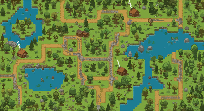 Pixel art forest map with wooden cabins and winding paths, retro 8-bit game world landscape, green woodland environment with blue lakes