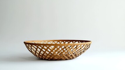 Obraz premium Minimalist woven rattan basket bowl decorative tabletop accessory for modern home interior design and natural decor.