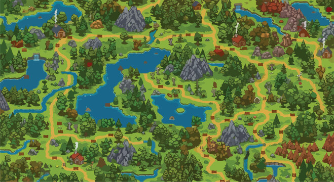Pixel art fantasy world map, retro 8-bit video game landscape with forest and lakes, top-down RPG game level design vector illustration