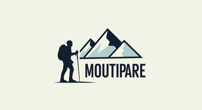 Minimalist logo design featuring a hiker with a backpack and trekking pole next to stylized mountains and the word MOUTIPARE.
