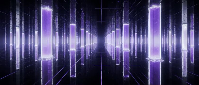 Surreal Infinity Room with Glowing Digital Pillars