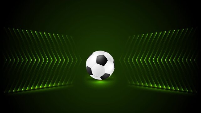 Abstract sports background with realistic soccer ball centered between dynamic glowing green neon arrow lines on dark backdrop. Football motion design. Video animation Ultra HD 4K 3840x2160