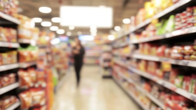 Blurred view of grocery store aisles with shelves full of products and customer shopping experience.
