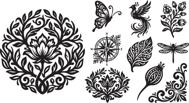 Black and white floral vector illustration designs set