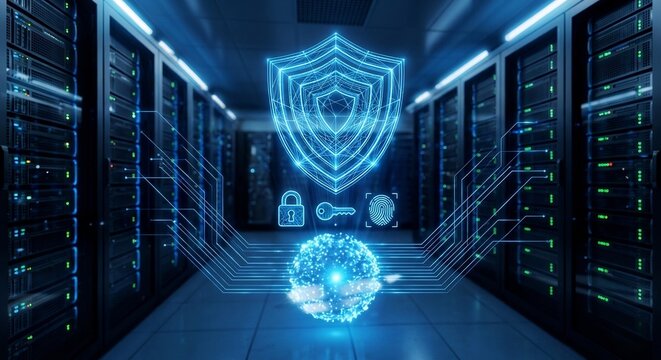 Cybersecurity Network Infrastructure Concept with Large Blue Wireframe Shield Icon Over Glowing Digital Globe Sphere Surrounded by Circuit Lines in a Modern Server Room