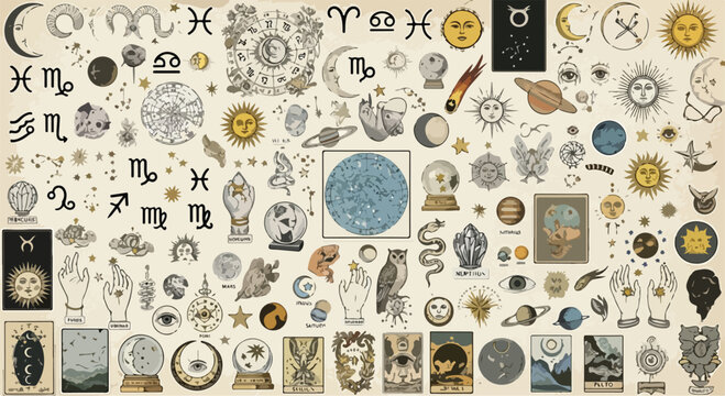 Vintage celestial astrology vector set, mystical zodiac signs and occult alchemy symbols, antique esoteric tarot illustrations for witchcraft