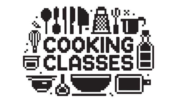 Pixel art cooking classes text logo with kitchenware icons arranged in circular composition.