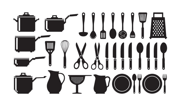 Set of kitchenware and cooking utensil silhouettes including pots pans and cutlery items.