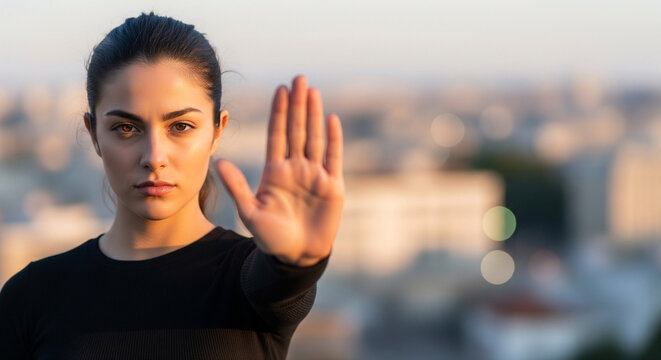 Serious woman standing outdoors showing a stop gesture with her hand, perfect for expressing denial boundaries and warning concepts