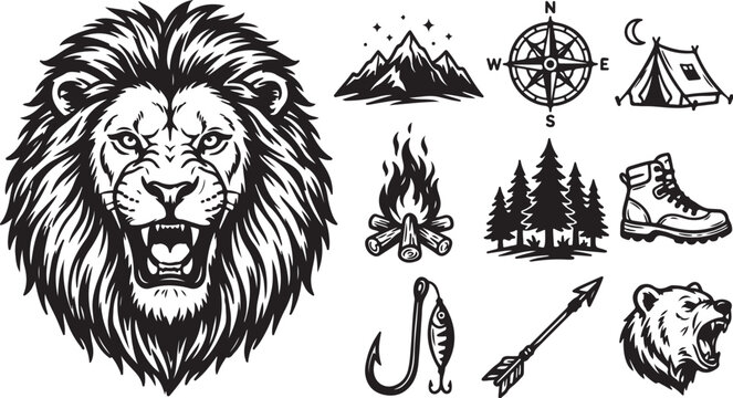 Wild Adventure Lion Camping Wilderness Survival Vector Icons
