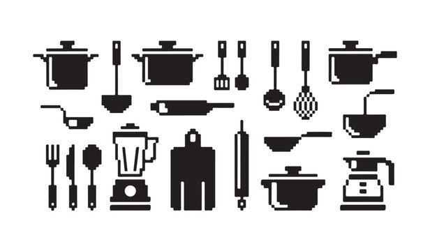 Cooking utensils and kitchen appliances silhouette set for home restaurant menu layout.