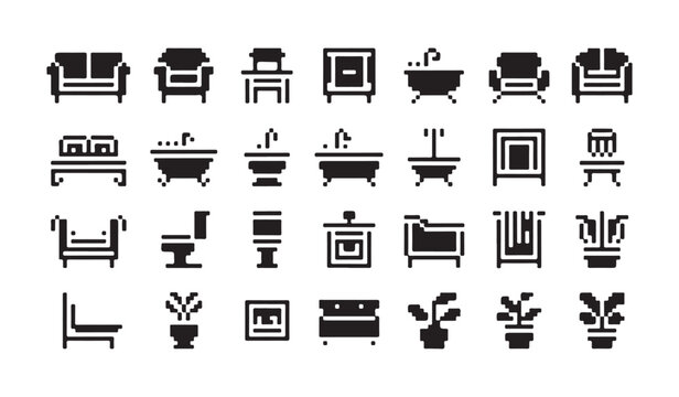 Home interior furniture and bathroom fixtures pixel art style vector collection on white background.