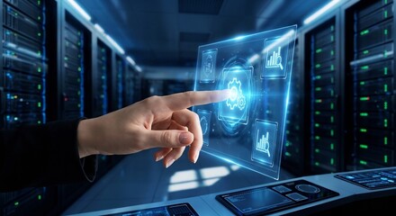 Fototapeta premium Professional Close-up of a Hand Interacting with a High-Tech Virtual Touchscreen Displaying Glowing Gear Icons for System Settings and Business Optimization in a Server Room
