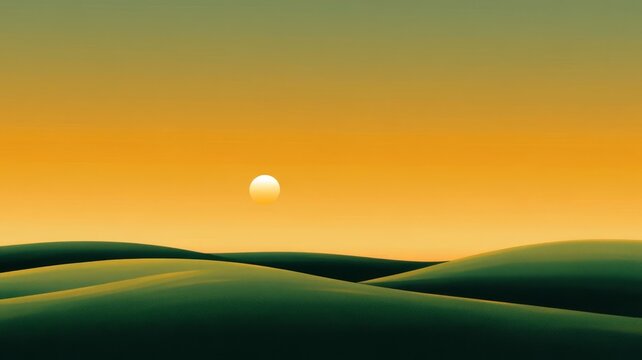 Minimalist landscape with green rolling hills and golden sunset horizon photography background wallpaper.