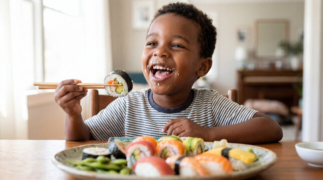 International Sushi Day child boy eating sushi roll laughing joyful expression for holiday food celebration culinary promotional design