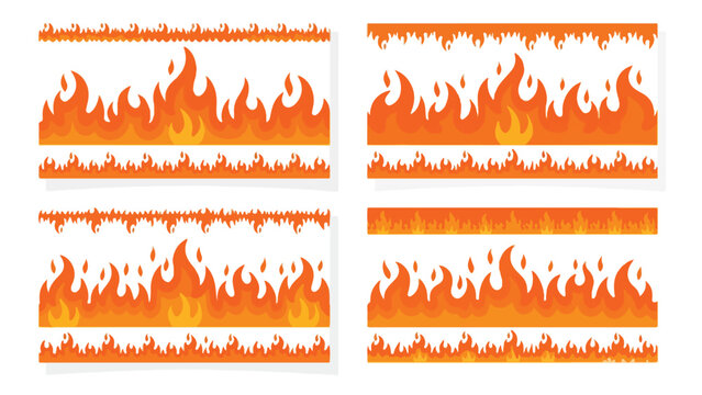 Cartoon fire flame borders set, orange burning fire frames collection, 4 vector seamless flame patterns for hot graphic design and heat branding